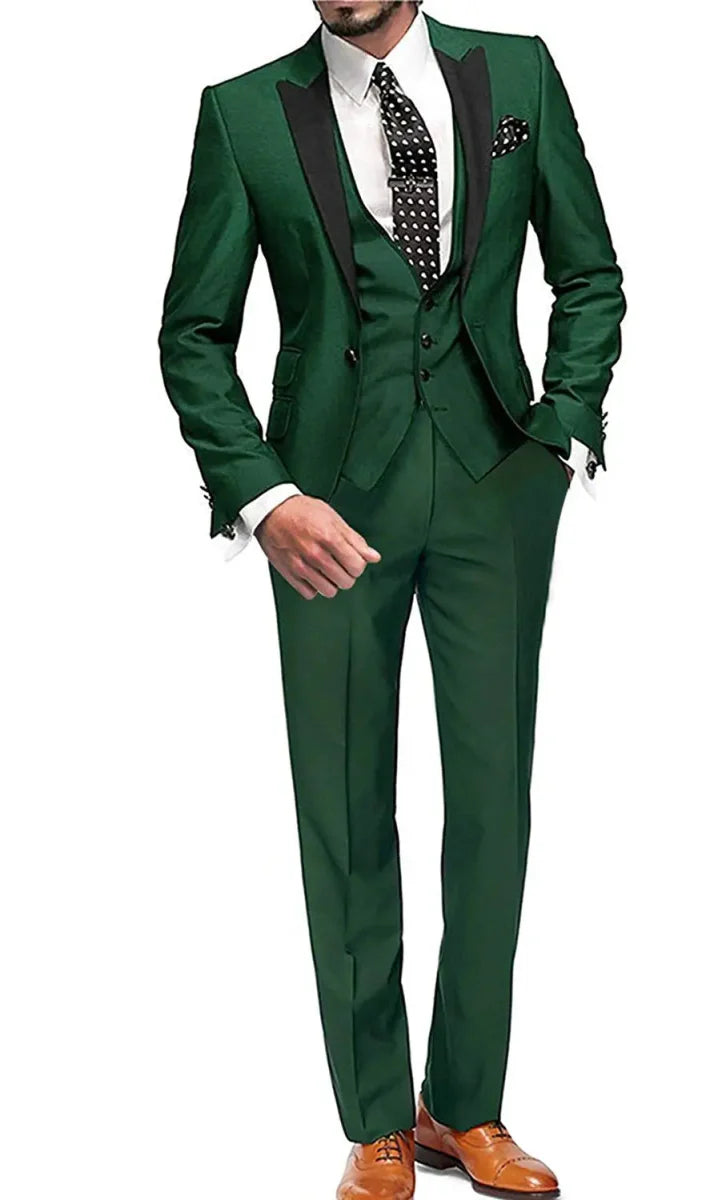 Men's Yaflonjaa 3-piece skinny fit suit with peak lapel jacket, vest, and pants in a stylish formal look.
