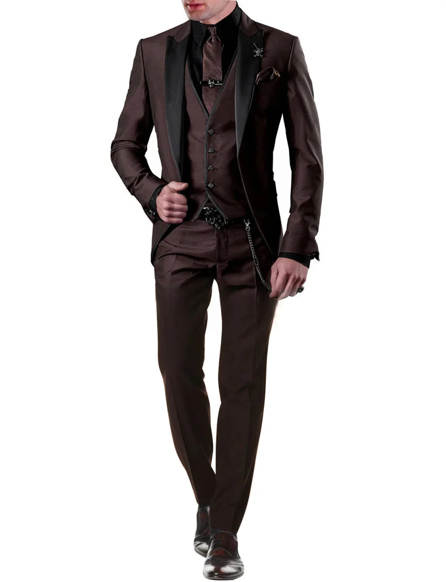 Men's Yaflonjaa 3-piece skinny fit suit with peak lapel jacket, vest, and pants, styled for formal occasions, in a modern tailored design.