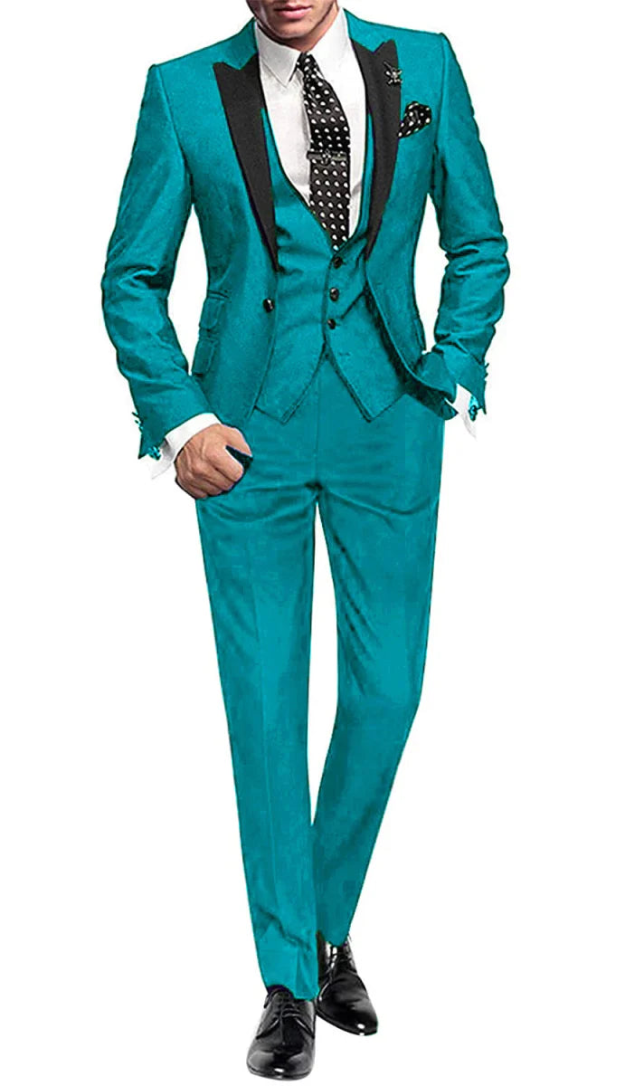 Men's Yaflonjaa 3-piece skinny fit suit with peak lapel jacket, vest, and pants, stylish formal wear from SHOWLU FASHION STORE.