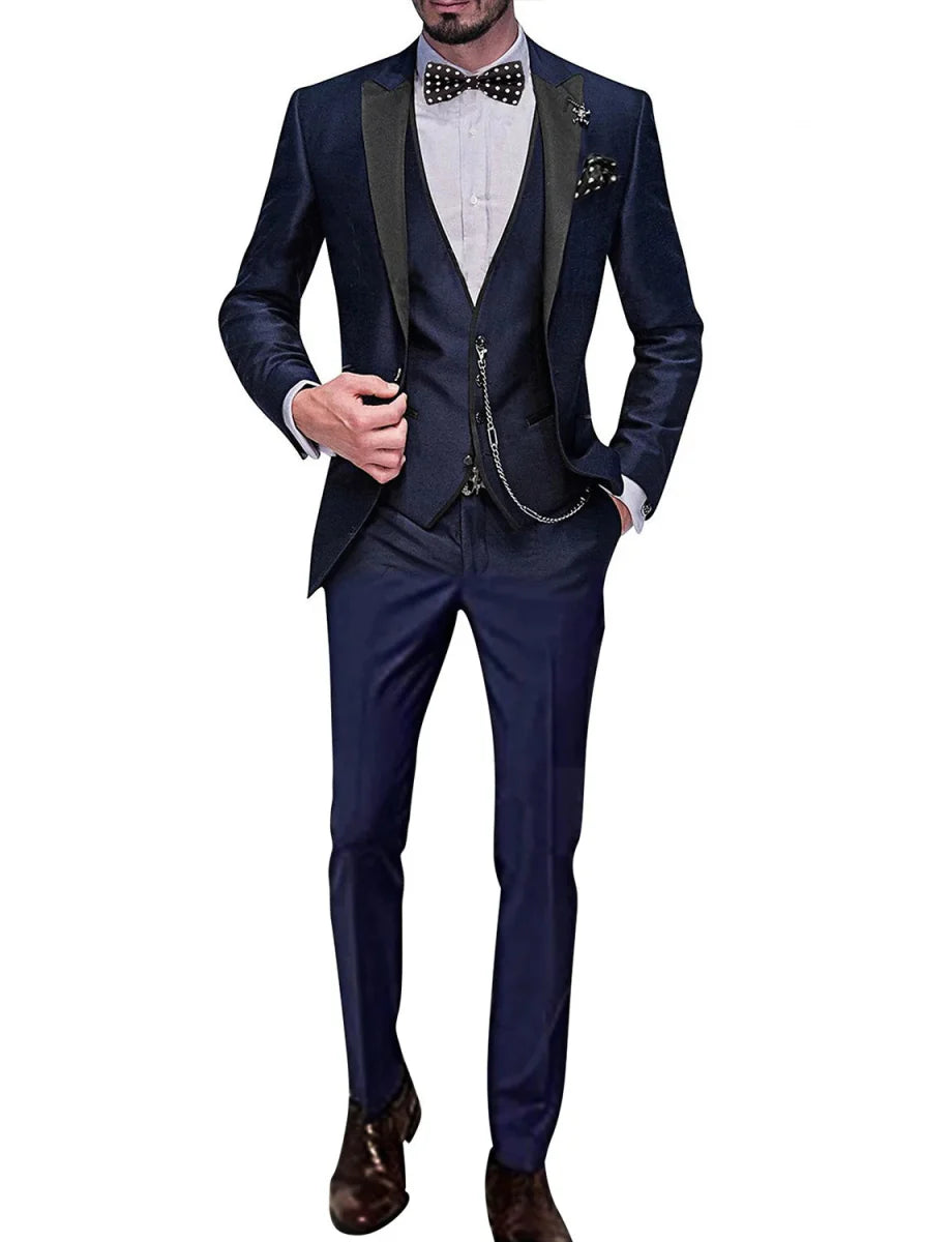 Men's black 3-piece skinny fit suit with peak lapel jacket, vest, and pants, designed for a sleek, modern look.
