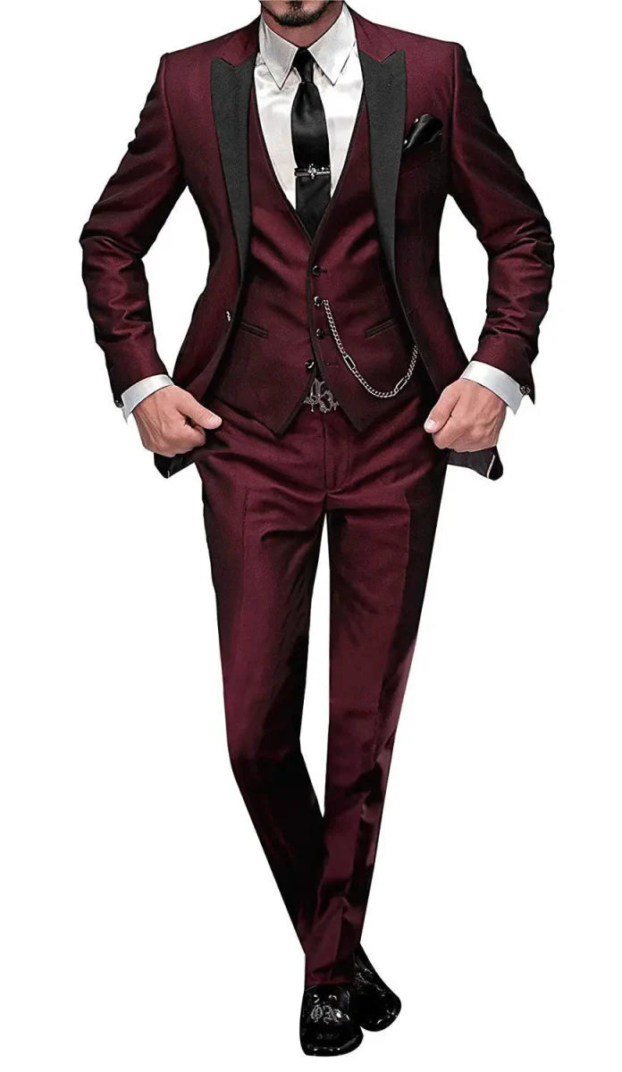 Men's Yaflonjaa 3-piece skinny fit suit with peak lapel jacket, vest, and pants, stylish formal wear by SHOWLU FASHION STORE