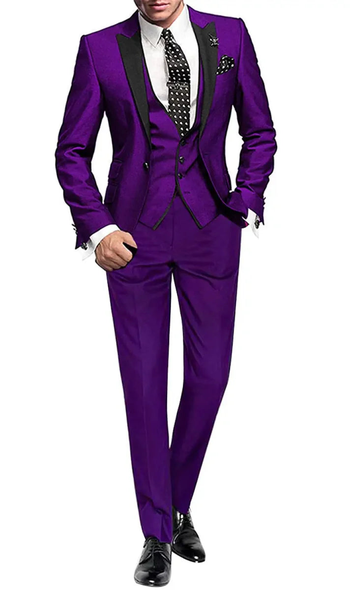 Men's Yaflonjaa 3-piece skinny fit suit with peak lapel jacket, vest, and pants from SHOWLU FASHION STORE, shown on a male model.