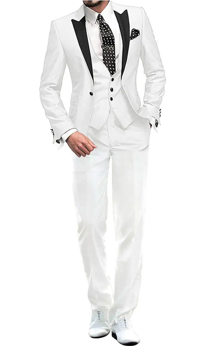 Men's 3-piece skinny fit suit by SHOWLU FASHION, featuring peak lapel jacket, matching vest, and tailored pants.