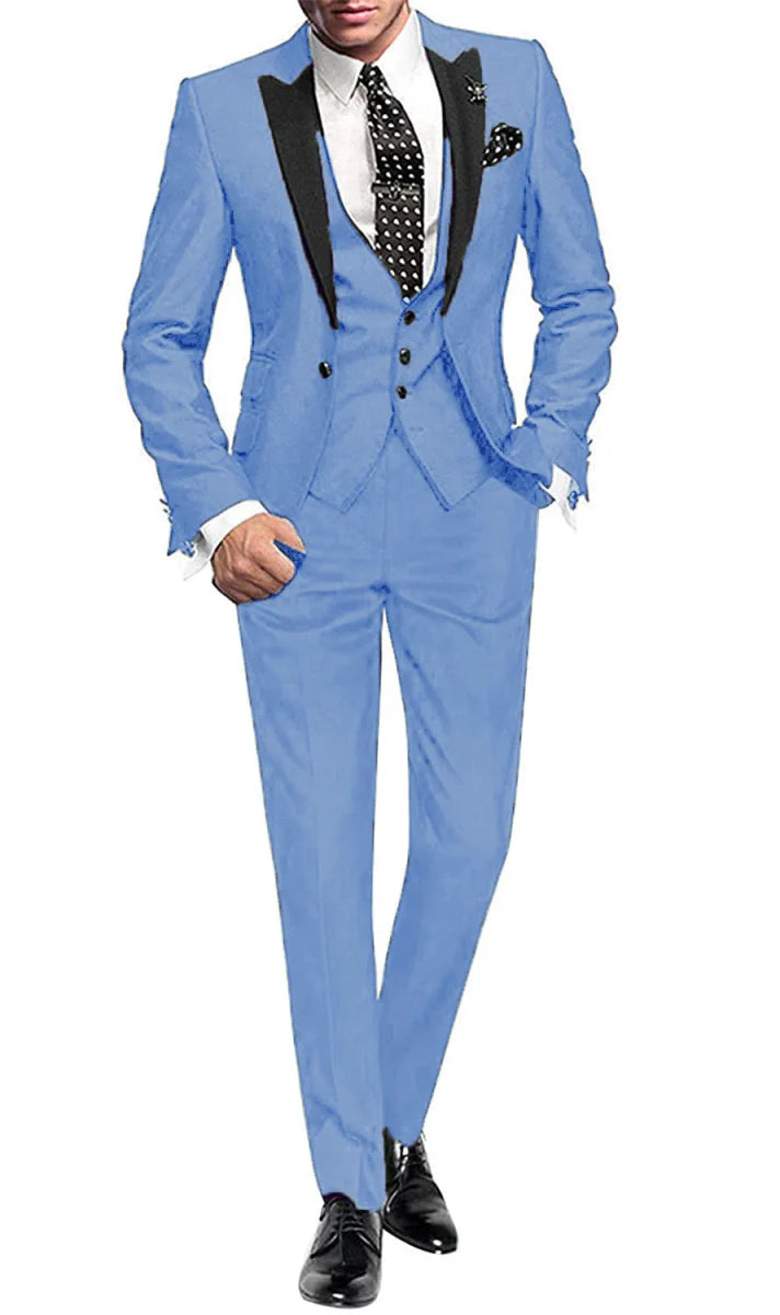 Men's 3-piece skinny fit suit by SHOWLU FASHION, featuring peak lapel jacket, vest, and matching pants in a stylish set.