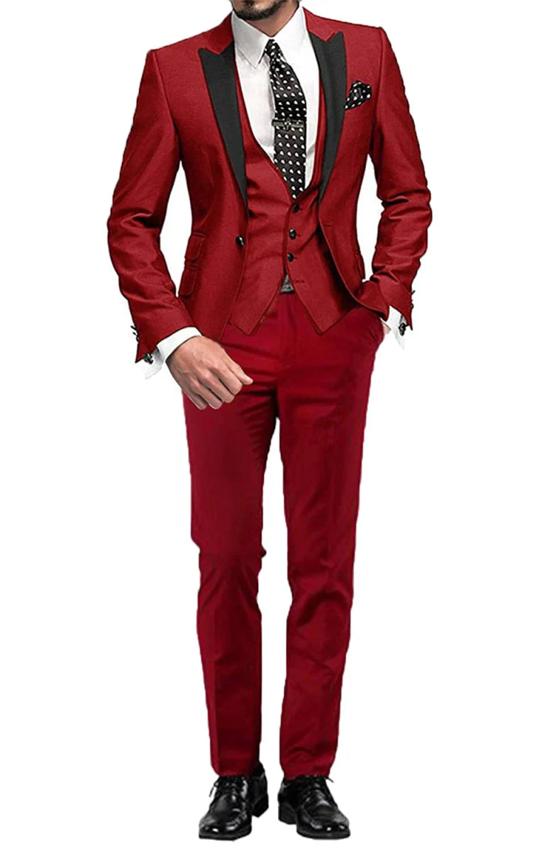 Men's Yaflonjaa 3-piece skinny fit suit with peak lapel jacket, vest, and pants, shown in a stylish formal outfit.