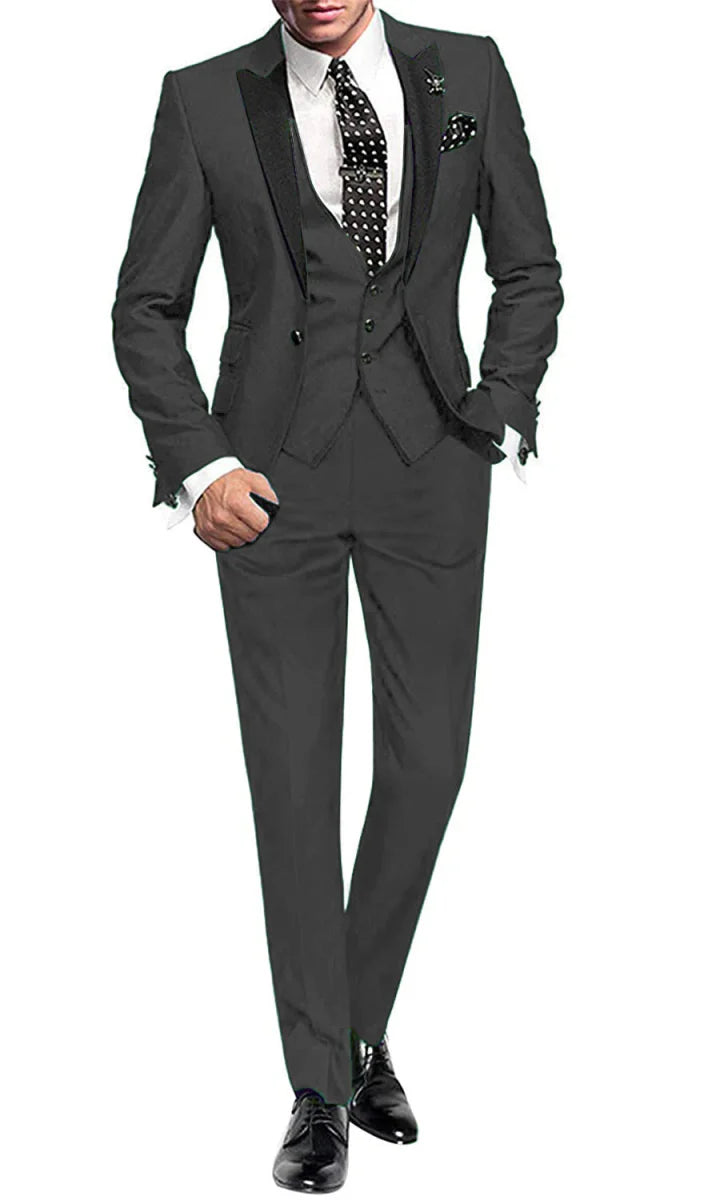 Men’s Yaflonjaa 3-piece skinny fit suit with peak lapel jacket, vest, and pants, stylish formal wear for men.