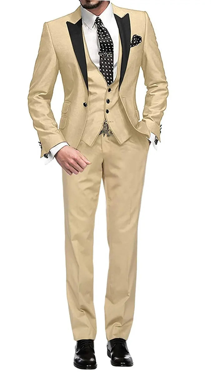 Men's 3-piece skinny fit suit by SHOWLU FASHION, featuring peak lapel jacket, vest, and matching pants for a sharp formal look.