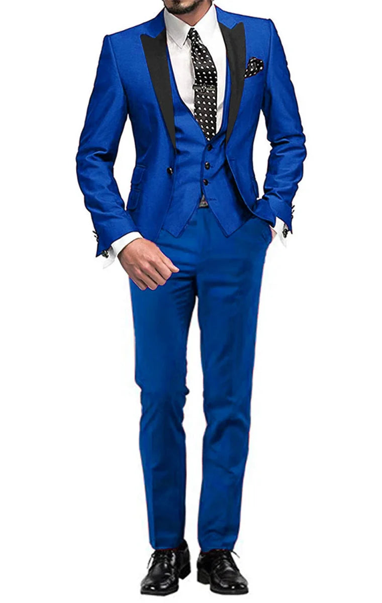 Men's 3-piece skinny fit suit with peak lapel jacket, vest, and pants by SHOWLU FASHION STORE, styled for formal occasions.