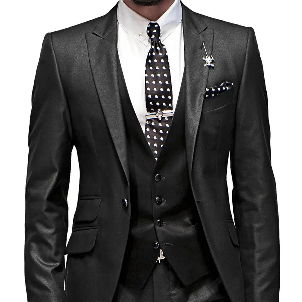 Men's Yaflonjaa 3-piece skinny fit suit with peak lapel jacket, vest, and pants, styled for a sharp, modern look.