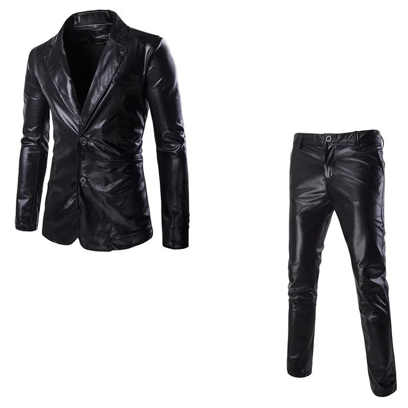 Men's Showlu slim fit 2-piece suit with shiny solid blazer and pants, ideal for weddings and prom in gold, silver, or black.
