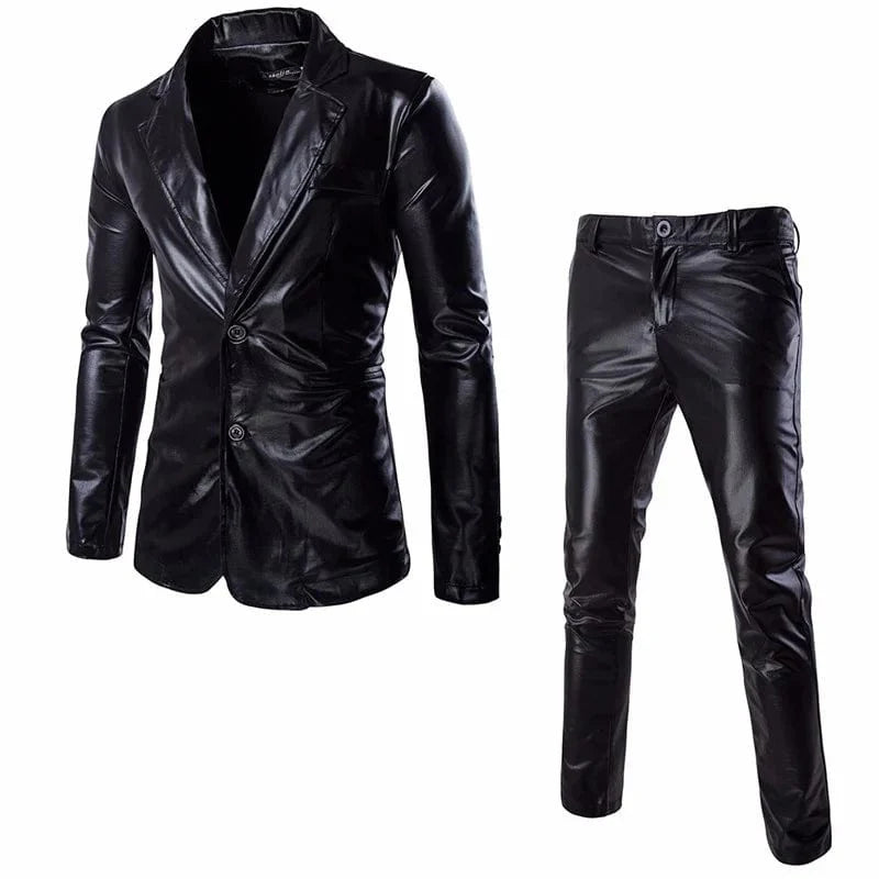 Men's slim fit 2-piece suit by Showlu Fashion featuring shiny solid blazer and pants, ideal for wedding or prom celebrations.