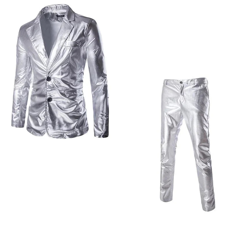 Men's slim fit 2-piece suit by Showlu Fashion, shiny solid blazer and pants for wedding or prom, in gold, silver, or black.