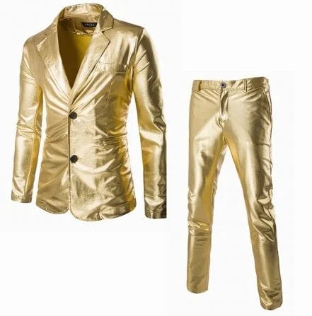 Showlu men's slim fit 2-piece shiny suit with blazer and pants, ideal for wedding or prom in gold, silver, or black.