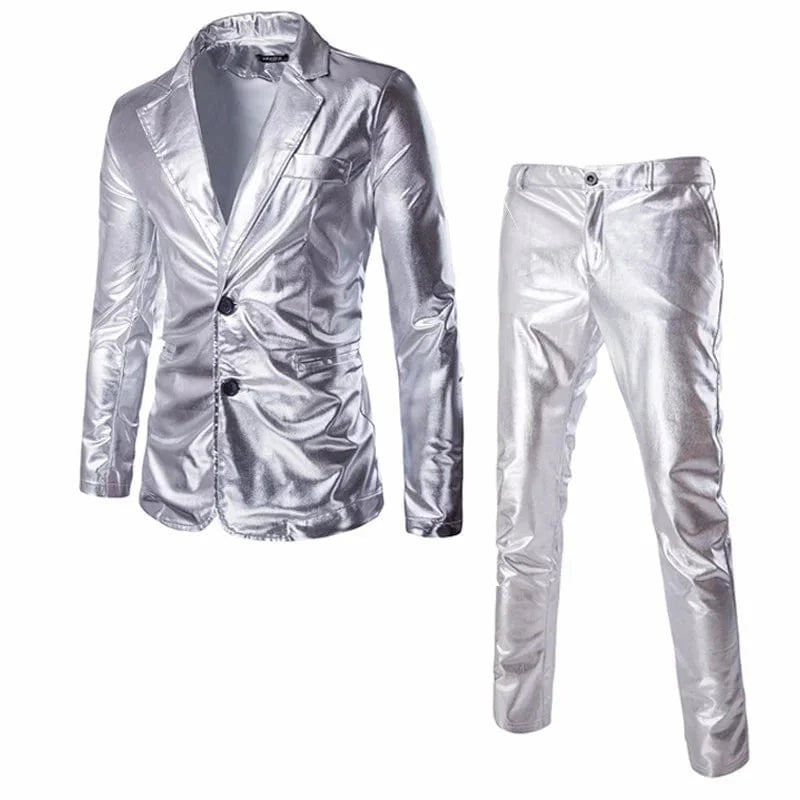 Showlu men's slim fit 2-piece suit with shiny solid blazer and matching pants, ideal for wedding or prom events.