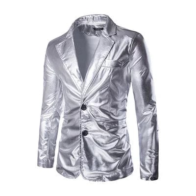 Showlu men's slim fit 2-piece suit with shiny solid blazer and pants, ideal for wedding or prom in gold, silver, or black.