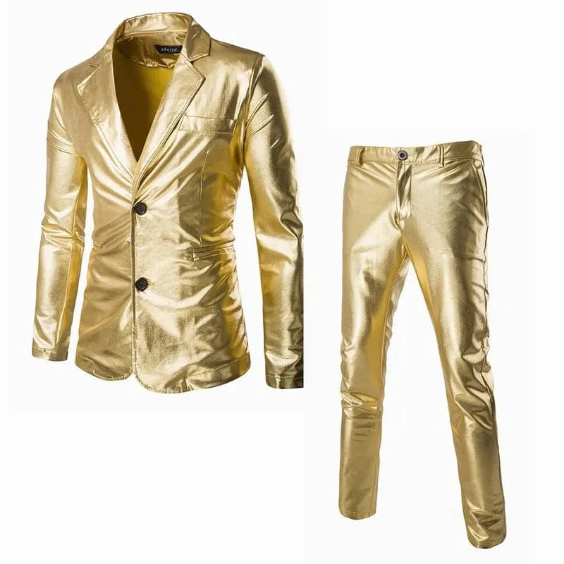 Showlu Men's slim fit 2-piece suit with shiny solid blazer and matching pants, ideal for wedding or prom events.
