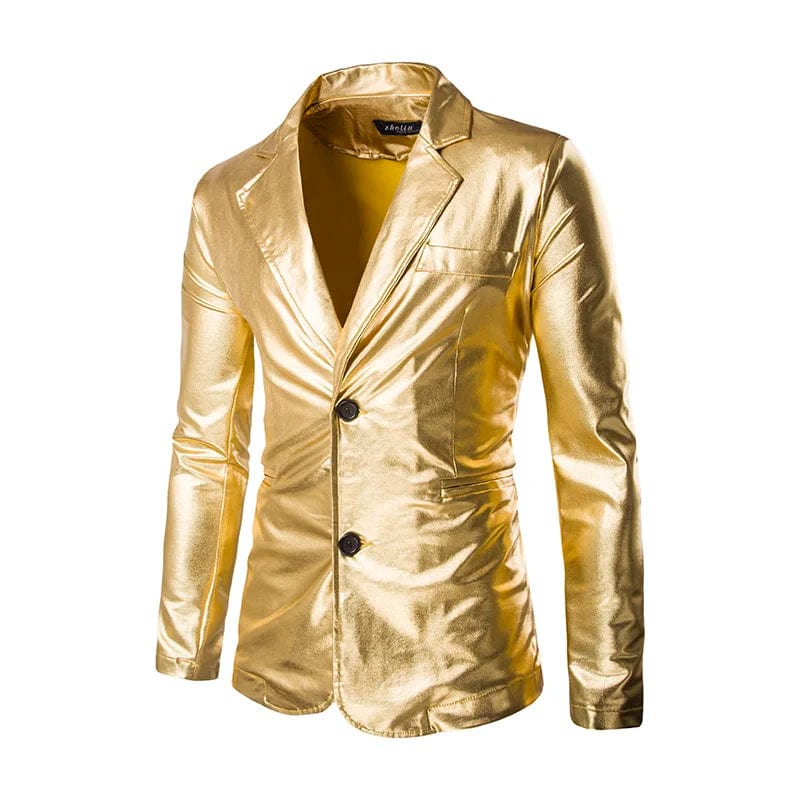 Men's slim fit 2-piece suit by Showlu Fashion, shiny solid blazer and pants for wedding or prom in gold, silver, or black.