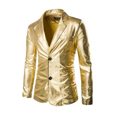 Showlu men's slim fit 2-piece suit with shiny solid blazer and pants, ideal for wedding or prom, in gold, silver, or black.