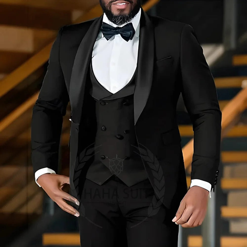 Slim fit men's tuxedo suit with tailored polyester jacket, vest, and trousers, suitable for formal events and weddings.