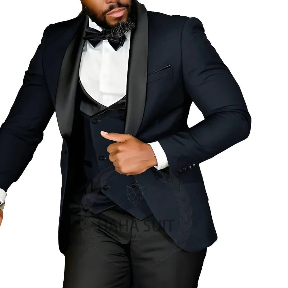 Slim fit 3-piece tuxedo suit for men, tailored polyester groom wear, suitable for wedding and formal occasions.