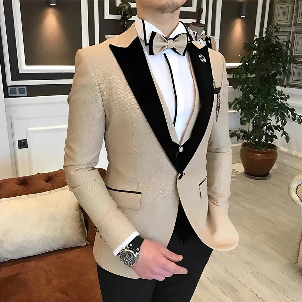 Men's 3-piece wedding tuxedo suit in wool blend, available in multiple colors and sizes XS to 5XL, featuring a tailored fit.
