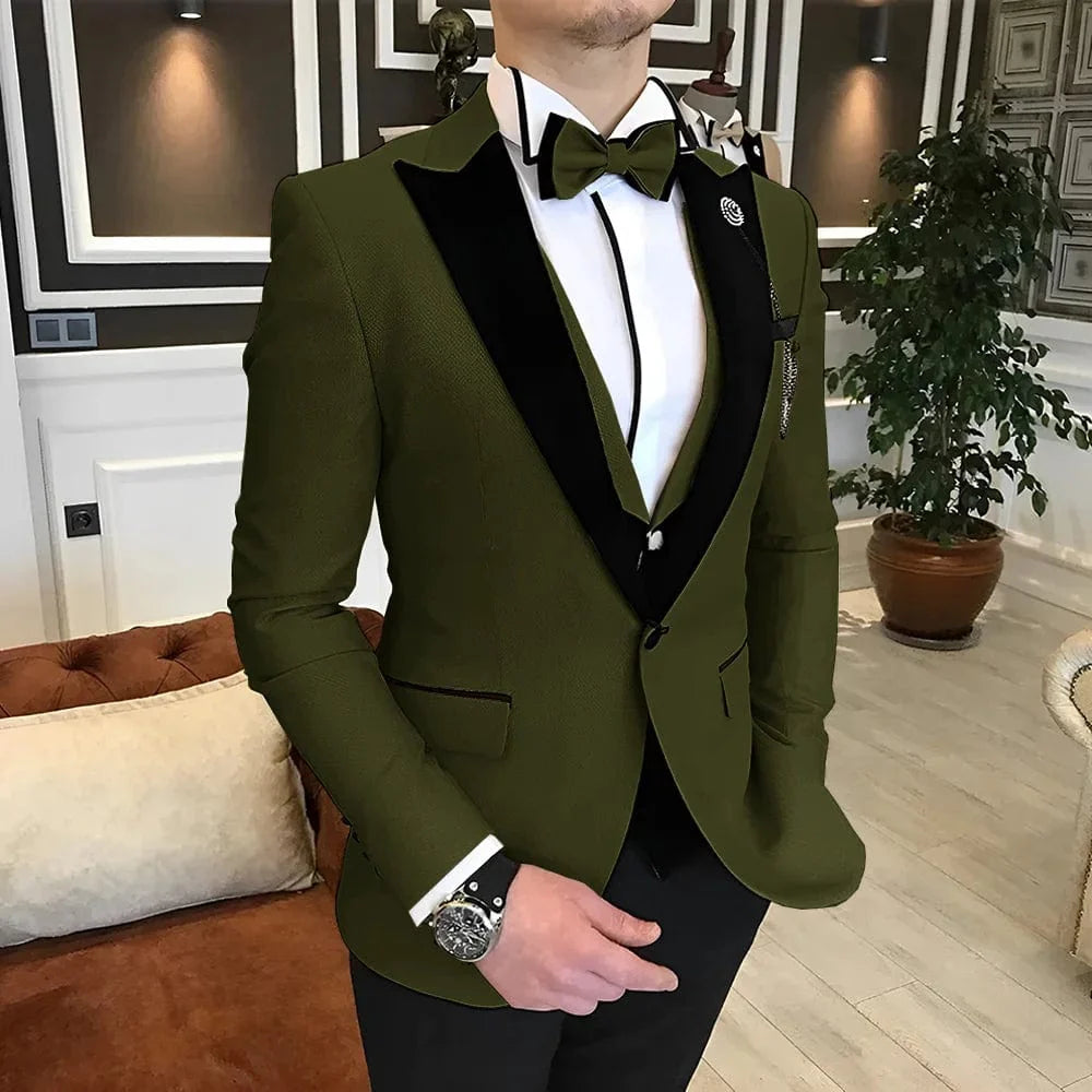 Men's 3-piece wedding tuxedo suit by Showlu Fashion in various colors, featuring wool blend fabric, available in XS to 5XL sizes.