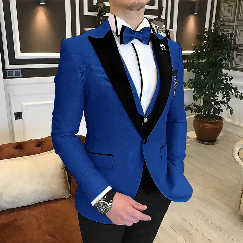 Elegant men's 3-piece wedding tuxedo suit by Showlu Fashion, featuring wool blend fabric and multiple color options in various sizes.