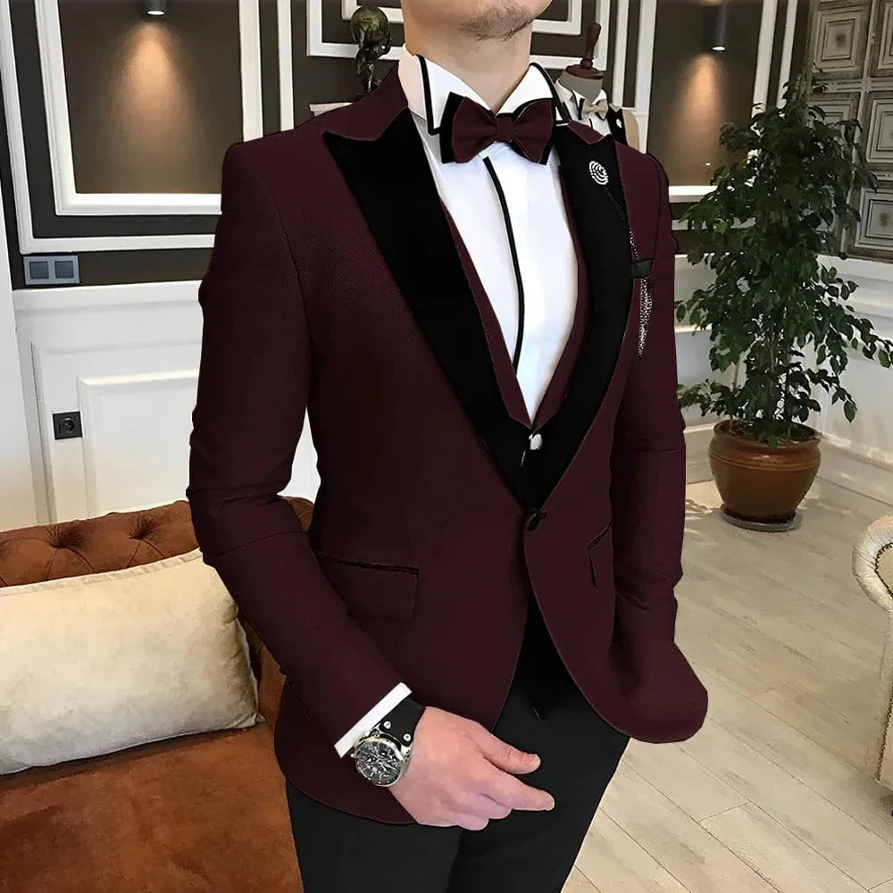 Men's Showlu Fashion 3-piece wedding tuxedo suit in various colors, featuring wool blend fabric, available in XS to 5XL sizes.