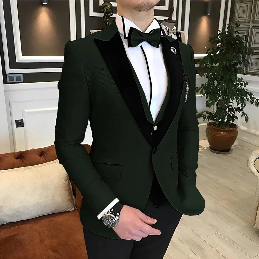 Elegant men's 3-piece wedding tuxedo suit in multiple colors, made of wool blend, available in XS to 5XL for a sophisticated look.