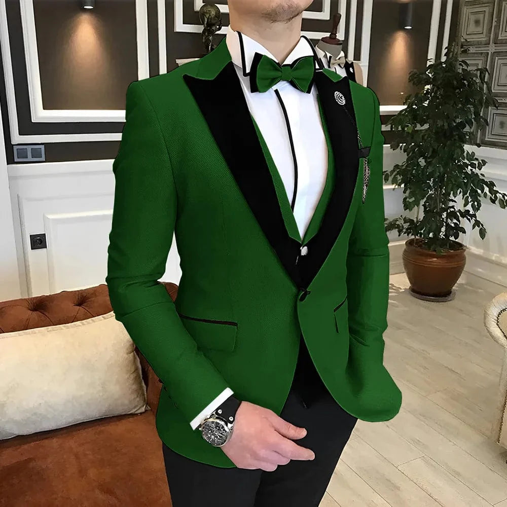 Elegant men's 3-piece wedding tuxedo suit by Showlu Fashion, available in multiple colors and sizes XS to 5XL, made of wool blend fabric.