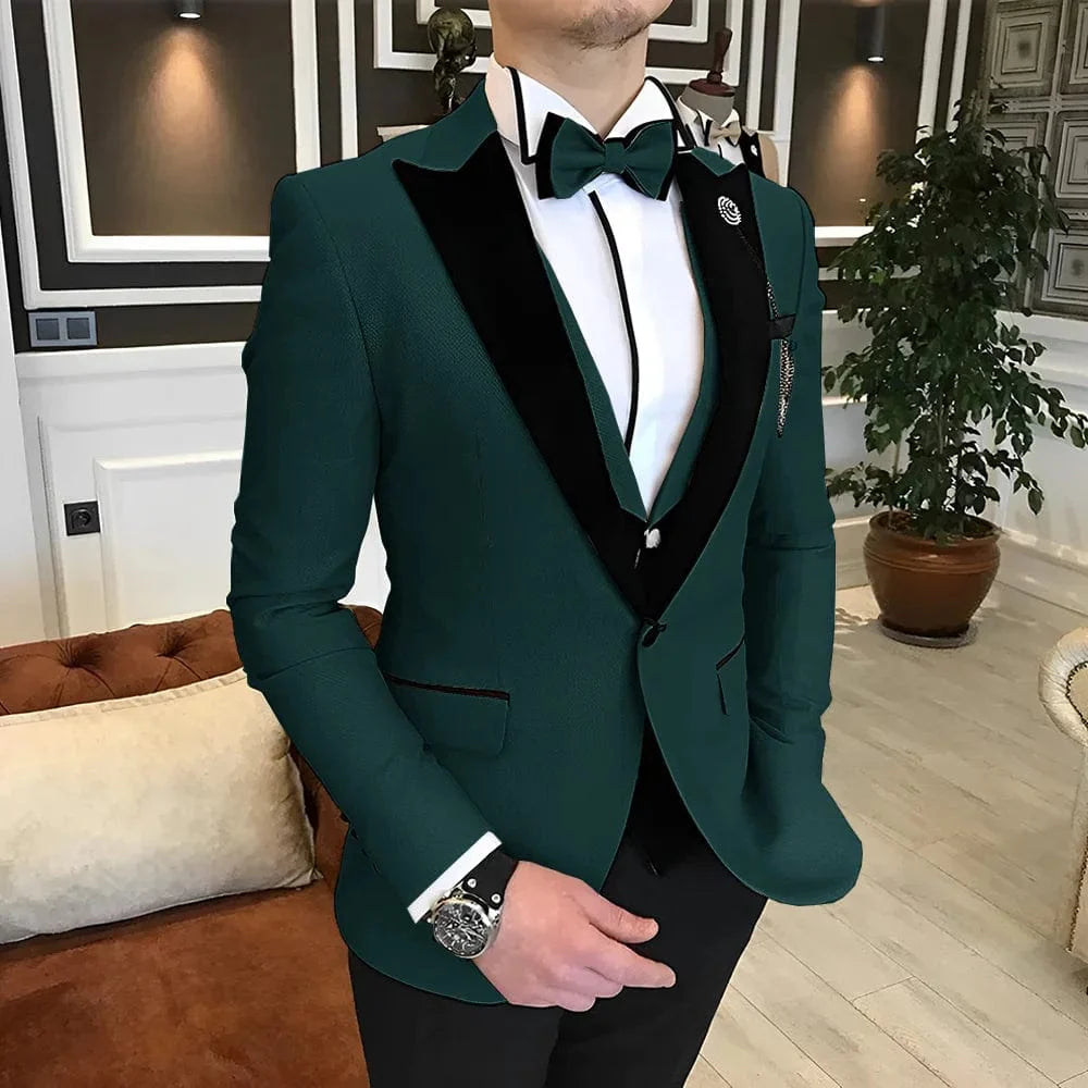 Elegant men's 3-piece wedding tuxedo suit in various colors, wool blend fabric, available in XS to 5XL, tailored for formal occasions.