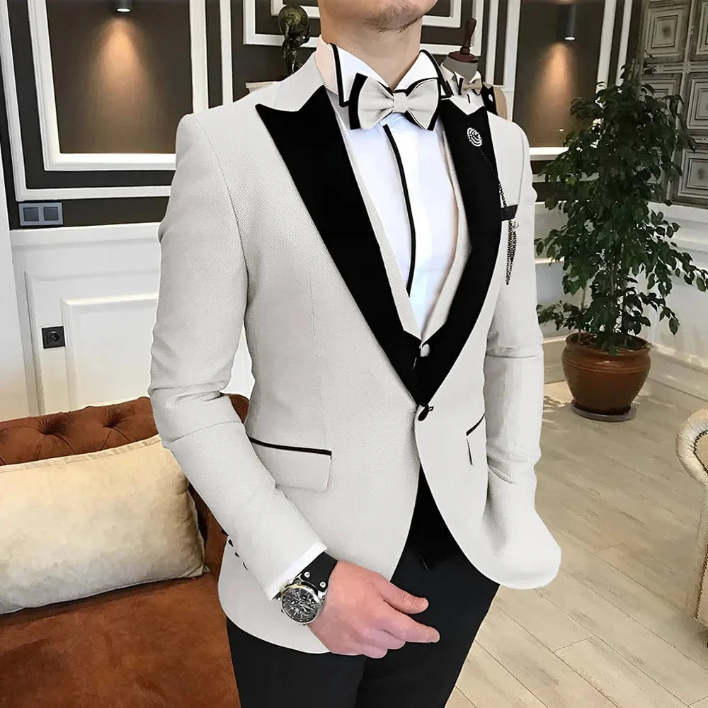 Elegant men's 3-piece wedding tuxedo suit in multiple colors, featuring wool blend fabric, tailored fit, and available in XS to 5XL.