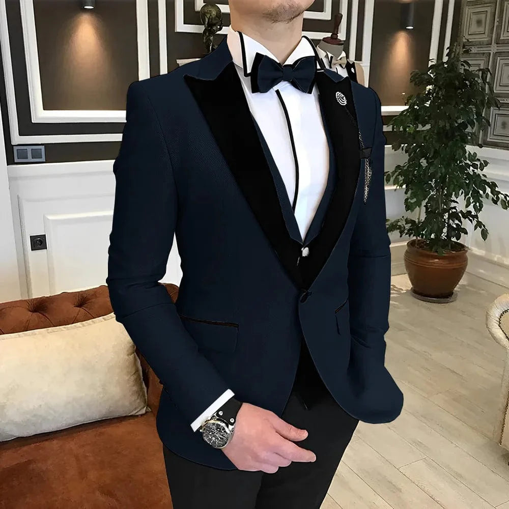 Men's 3-piece wedding tuxedo suit by Showlu Fashion, wool blend, in multiple colors, tailored fit from XS to 5XL, elegant groom attire.