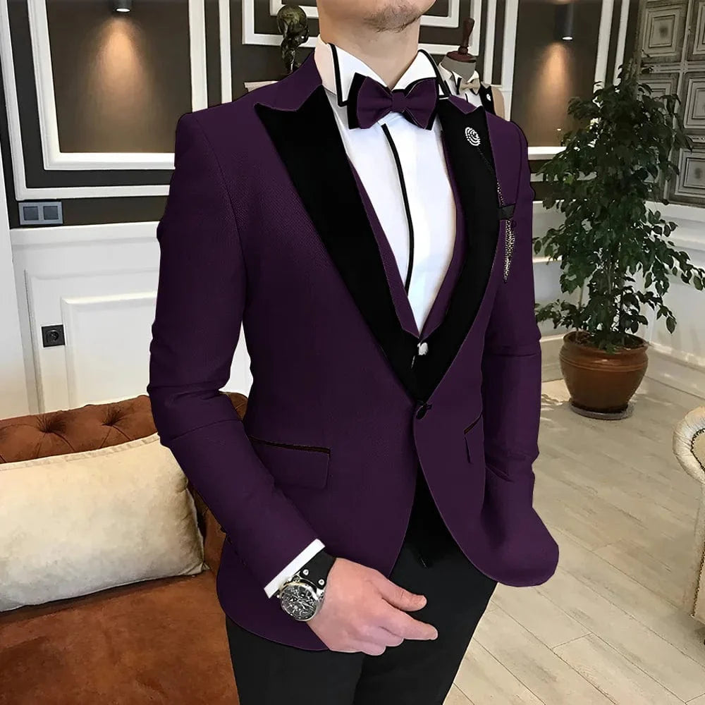 Men's 3-piece wedding tuxedo suit by Showlu Fashion, wool blend, available in multiple colors and sizes XS to 5XL, elegant formal wear.