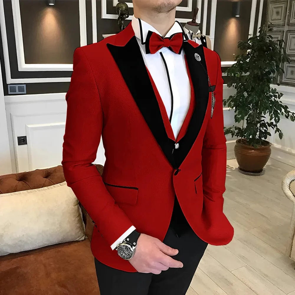 Men's 3-piece wedding tuxedo suit in various colors, wool blend fabric, shown tailored for groom, available in XS to 5XL sizes.