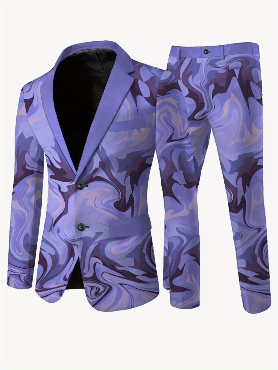 Men's casual suit by SHOWLU FASHION with an abstract art pattern, featuring a matching blazer and pants set.