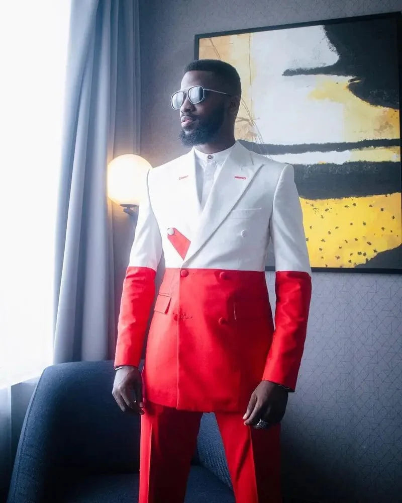 Men's slim fit 2-piece white and red splicing wedding tuxedo suit by SHOWLU FASHION STORE, formal party wear for grooms