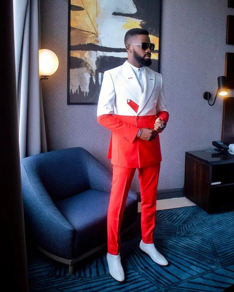 Men's slim fit 2-piece wedding tuxedo with white and red splicing, formal suit for groom or special occasions, by SHOWLU FASHION STORE.