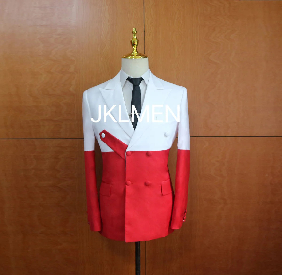 Men's slim fit 2-piece wedding suit with white and red splicing, formal tuxedo perfect for groom or special occasions.