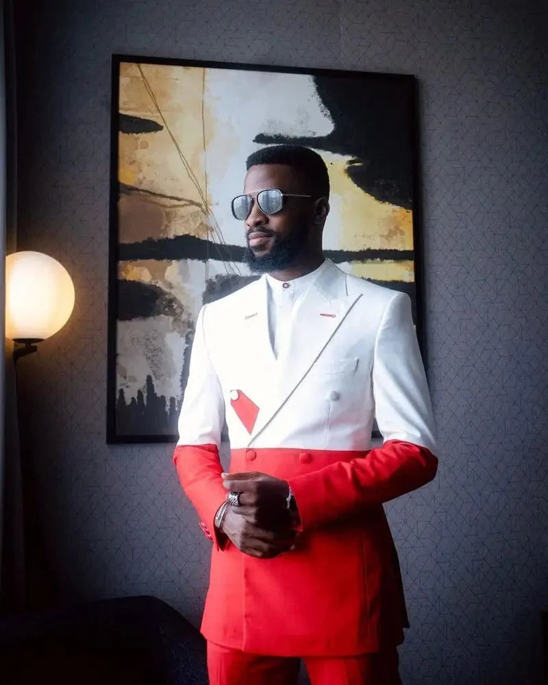Men's slim fit 2-piece wedding tuxedo by SHOWLU FASHION STORE with white and red splicing, formal party suit for groom or special occasions.