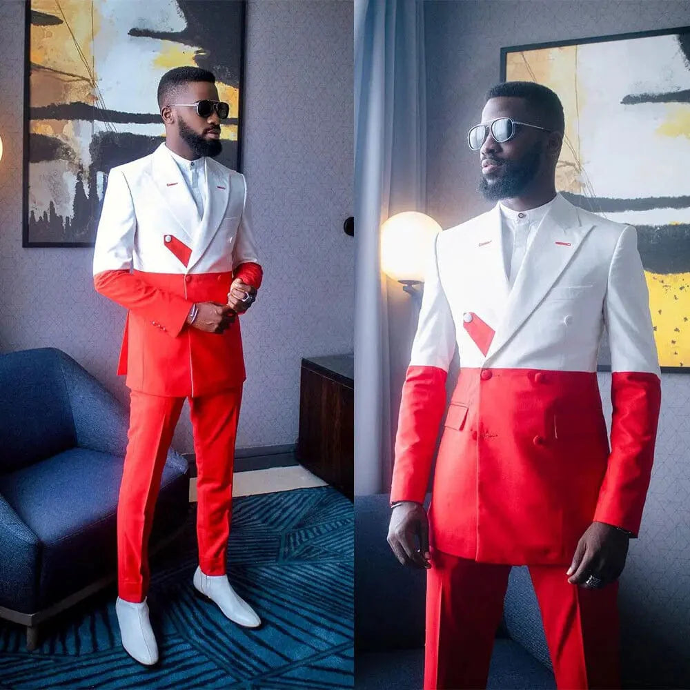 Men's slim fit 2-piece wedding tuxedo with white and red splicing, formal suit for groom or special occasions, by SHOWLU FASHION STORE.