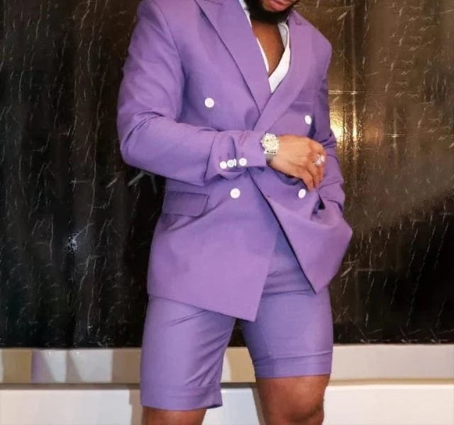 Men's slim fit double-breasted 2-piece suit with shorts, stylish formal wear for summer and special occasions.
