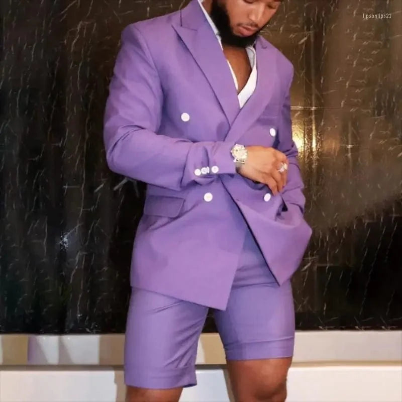 Slim fit men's double-breasted suit with matching shorts, SHOWLU FASHION, perfect for summer formal events and weddings.