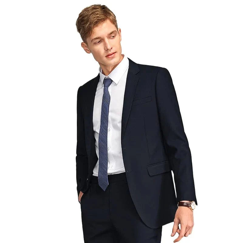 Men's slim fit single-breasted business blazer and matching pants, formal dress suit in solid color, stylish English evening wear
