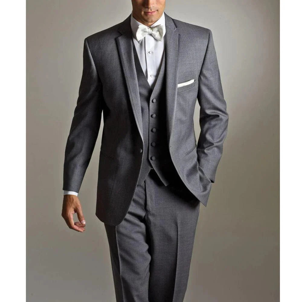 Men's white satin tuxedo by SHOWLU FASHION, slim fit 3-piece wedding suit with blazer, vest, and pants, elegant and tailored.