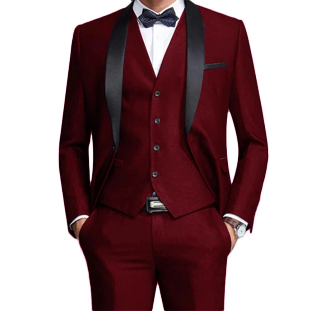Men's white satin tuxedo with slim fit, single-breasted blazer, vest, and pants, perfect for wedding or formal occasions.