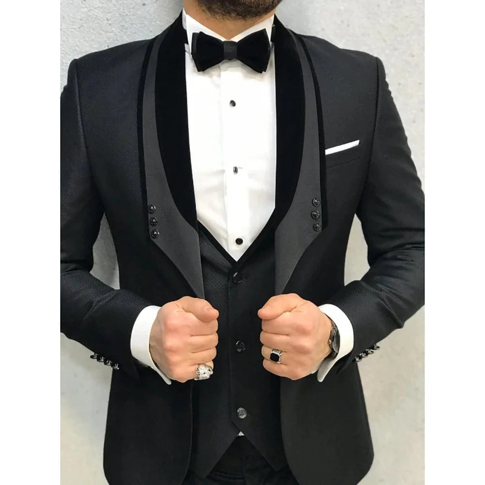 Men's white satin tuxedo by SHOWLU FASHION STORE, slim fit 3-piece wedding suit with single-breasted blazer, vest, and pants.
