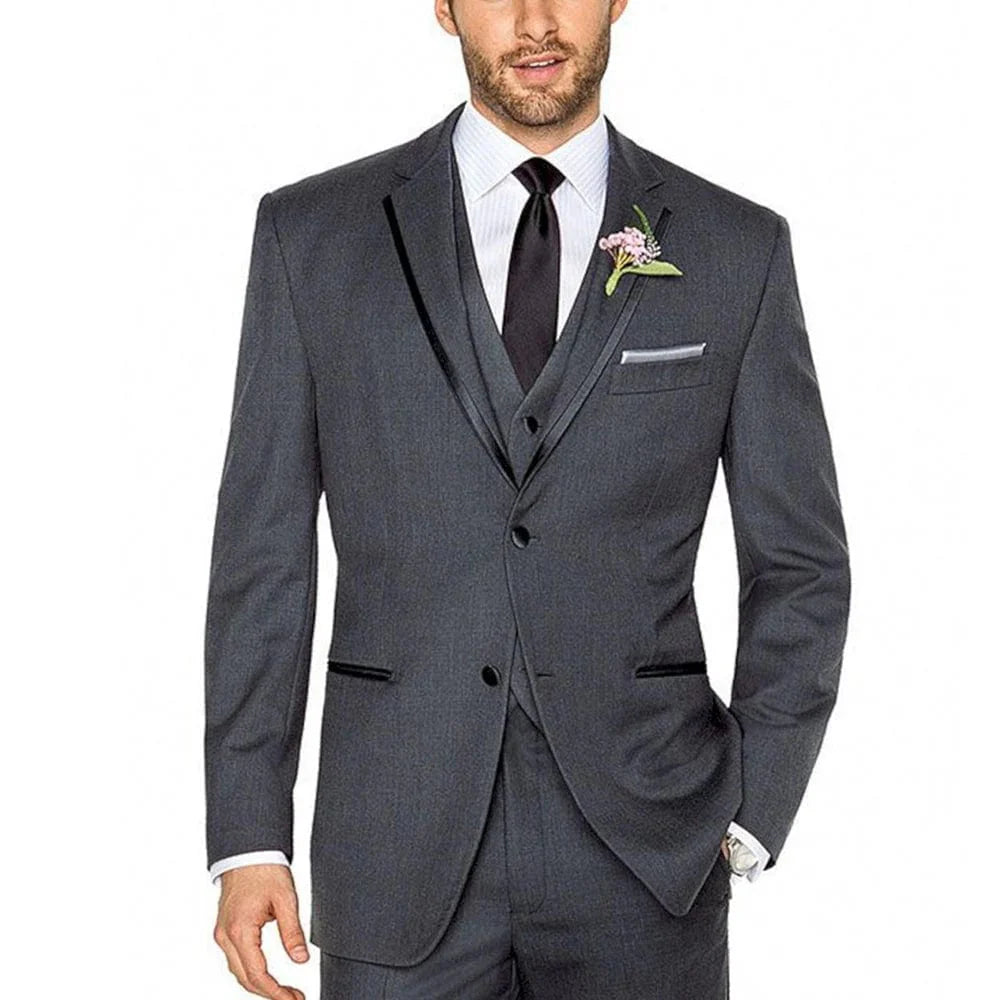 Men's white satin tuxedo with slim fit, 3-piece design including blazer, vest, and pants for wedding or formal occasions.