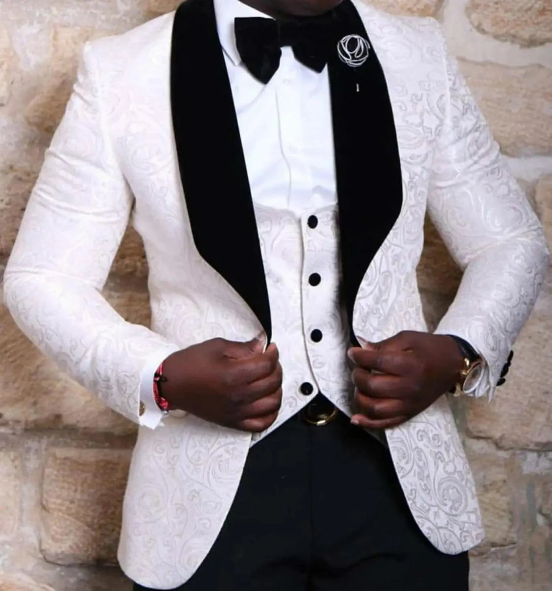 Men's white satin tuxedo with blazer, vest, and pants, slim fit 3-piece wedding suit by SHOWLU FASHION STORE.