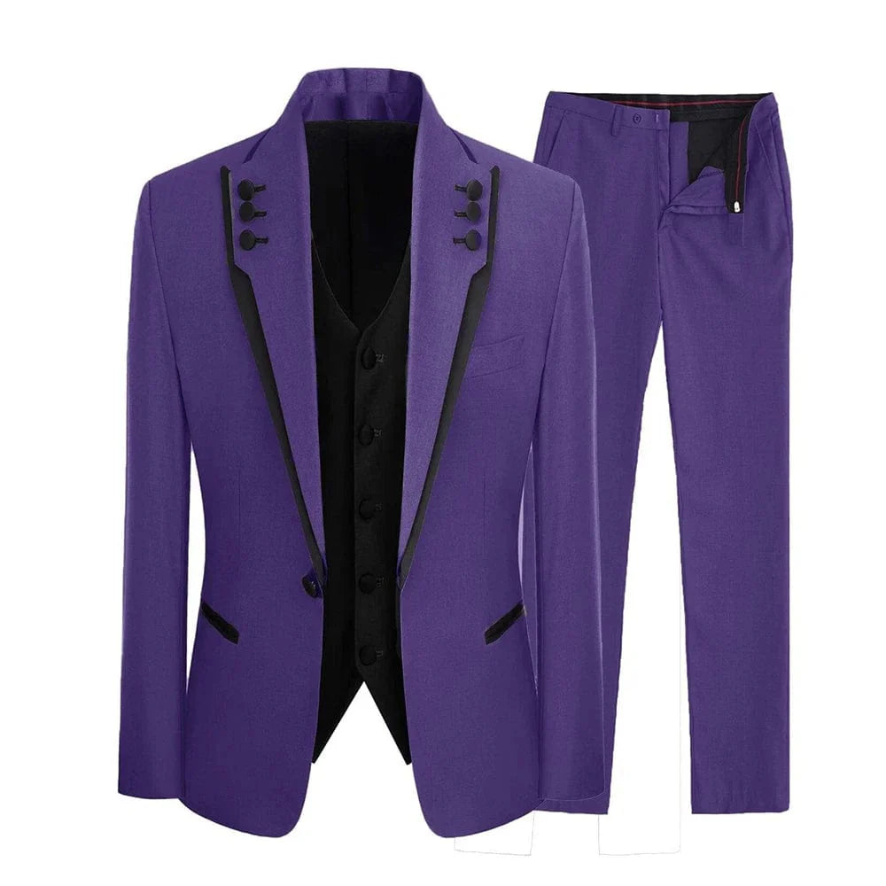 Men's white satin tuxedo with slim fit, 3-piece wedding suit featuring a single-breasted blazer, vest, and matching pants.